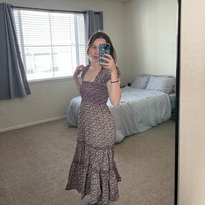 O.P. T Daphne Printed Smocked Bodice Pocket Midi Dress Multicolor Womens Size s